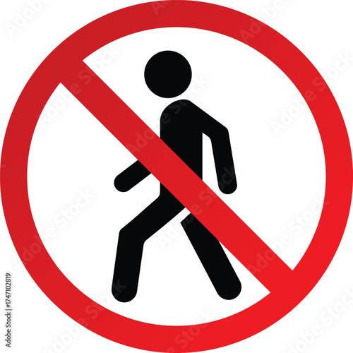 No Walk Sign – Red Circle with Slash Over Walking Person Icon, Prohibited Pedestrian Area and Restricted Access Safety Vector Illustration