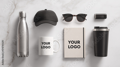 A sleek and modern flat lay of a corporate gift set, perfectly arranged on a white marble background. This top-down view showcases a variety of premium promotional products