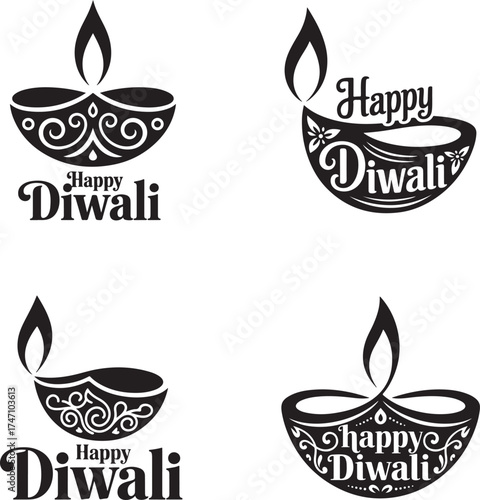 Four decorative diwali lamps and 'happy diwali' text festive indian holiday celebration icons