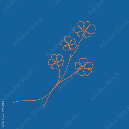 Minimalist line drawing of a delicate flowering plant with four blossoms on a solid blue