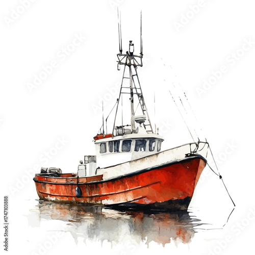 Fishing Boat, watercolor illustration vector, isolated on a white background.