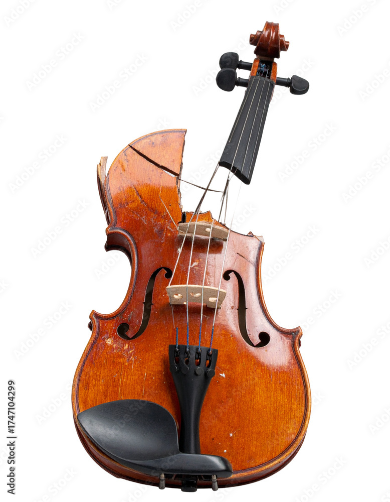 Naklejka premium Antique Damaged Violin Instrument Isolated on Transparent Background