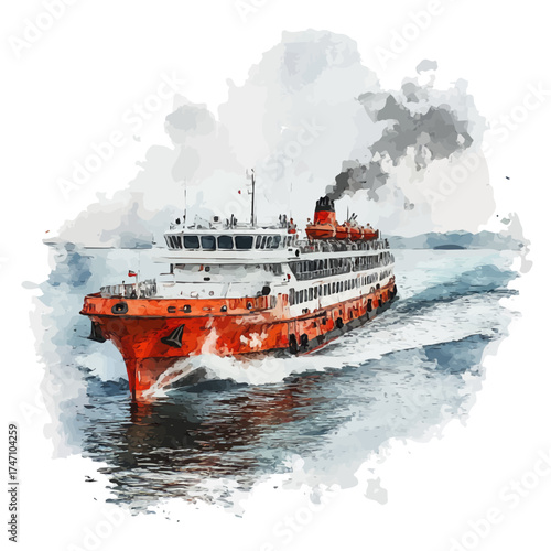 Ferry, watercolor vector, isolated on a white background.