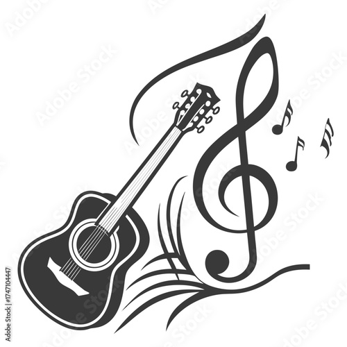 Black acoustic guitar treble clef and musical notes