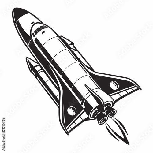 Black and white illustration of a futuristic rocket ship