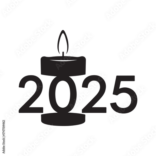 Minimalist Black 2025 New Year Design with Burning Candle Icon