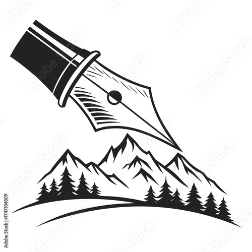 Black pen nib drawing mountain landscape with pine trees