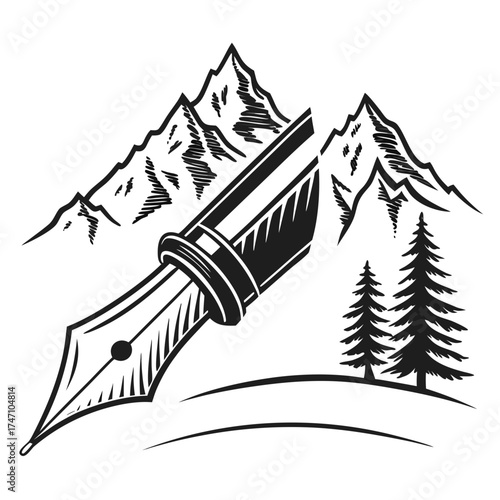 Black pen nib superimposed on mountain landscape nature