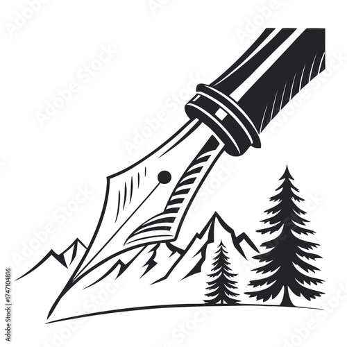Black pen nib over mountain landscape with trees pine tree