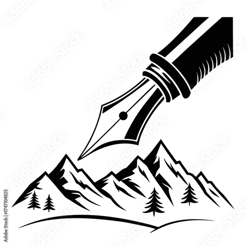 Black pen nib over stylized mountain landscape with trees