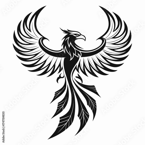 Black phoenix with spread wings and sharp feathers