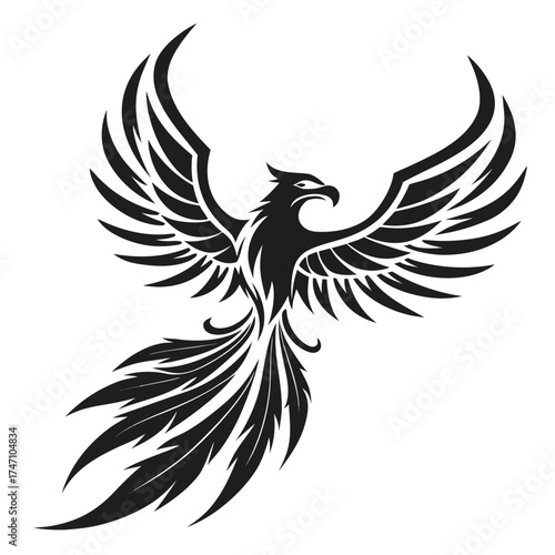 Black phoenix bird with sharp wings outstretched white 1