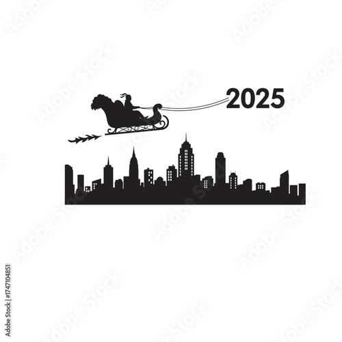 Black Silhouette Santa Sleigh 2025 Flying Over City Skyline Vector Design