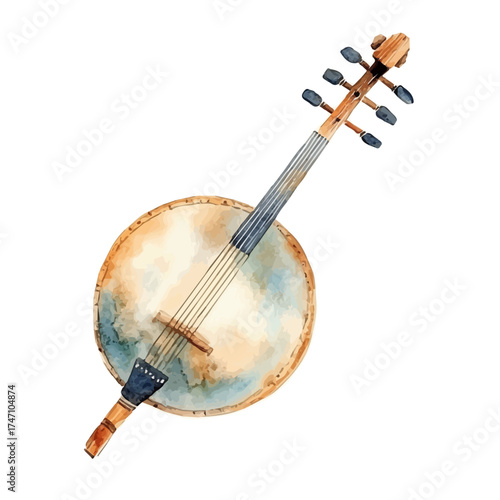 watercolor vector of Erhu, isolated on a white background.