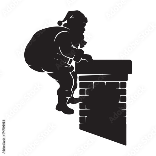 Black Silhouette Vector Illustration of Santa Claus Climbing Chimney