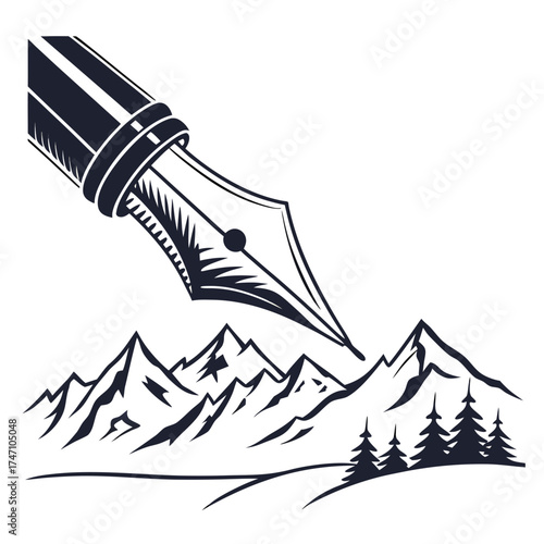 Fountain pen nib drawing mountain landscape with trees