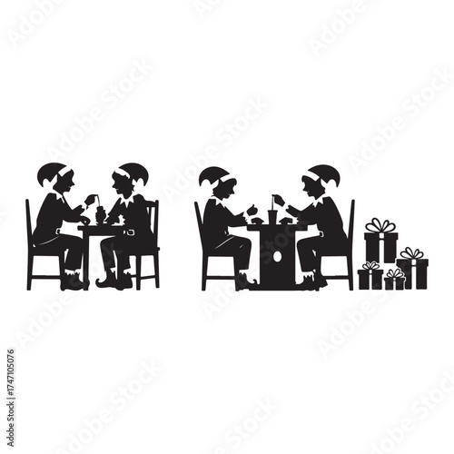 Black Silhouette Elves at Tables with Drinks and Holiday Presents