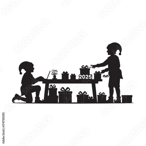 Black Silhouette Elves Preparing Holiday Gifts with 2025 Year Mark