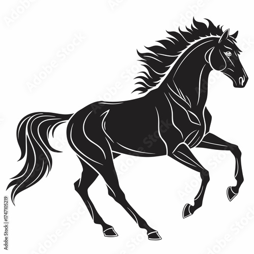 Black horse galloping silhouette on white background