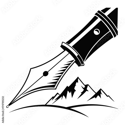Black fountain pen nib over stylized mountain peaks