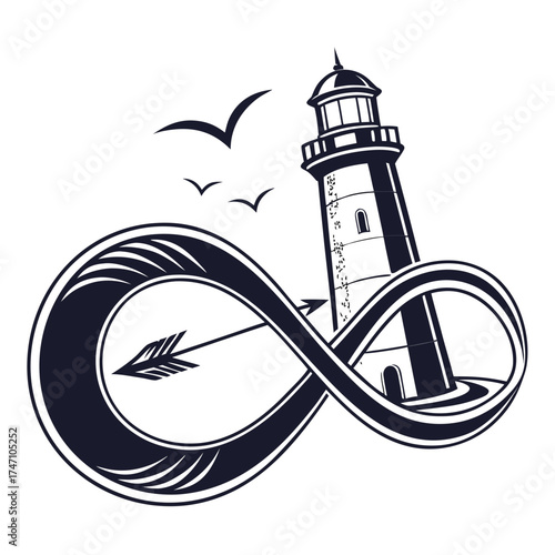Black infinity symbol with lighthouse and arrow graphic