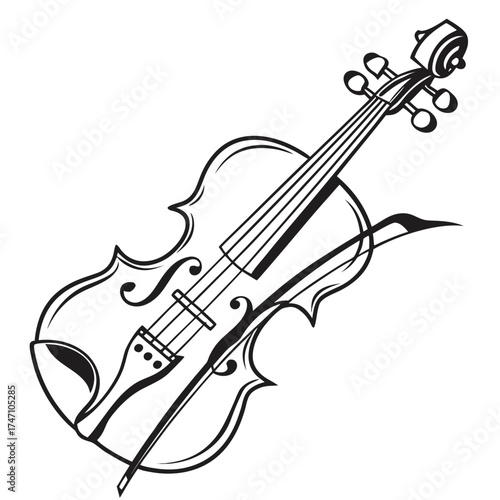 Black line art violin and bow on white background musical instrument