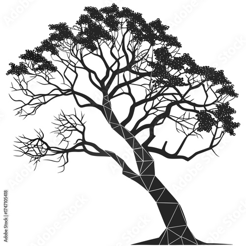 Black tree with geometric trunk and leafy branches