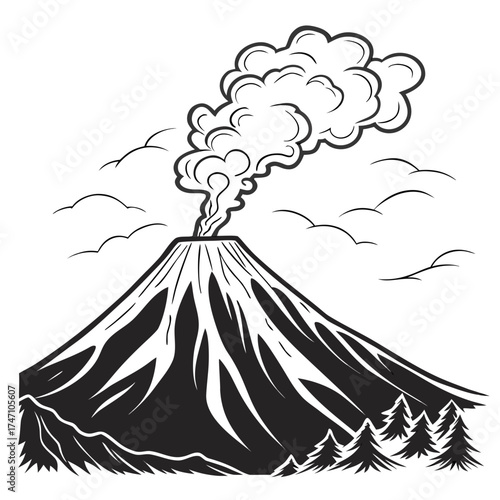 Black volcano erupting smoke and clouds on white background