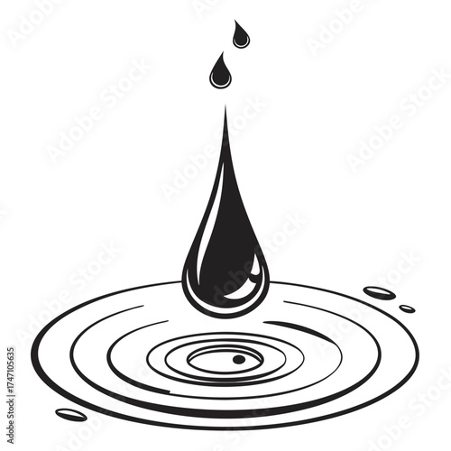 Black water drop creating ripples on white background