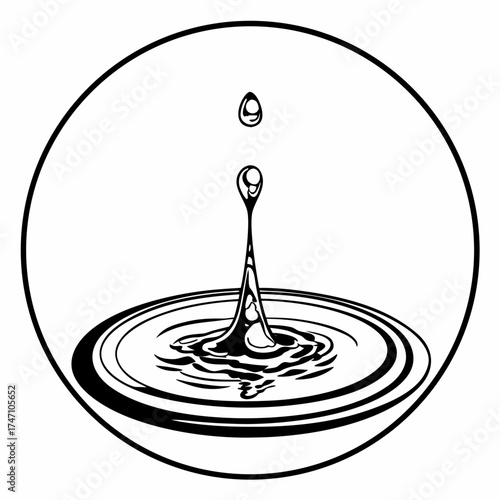 Black water drop splashing in circle on white background