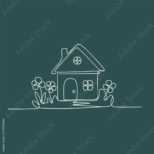 Minimalist line drawing of a cozy house with flowers on a dark emphasizing simplicity and charm