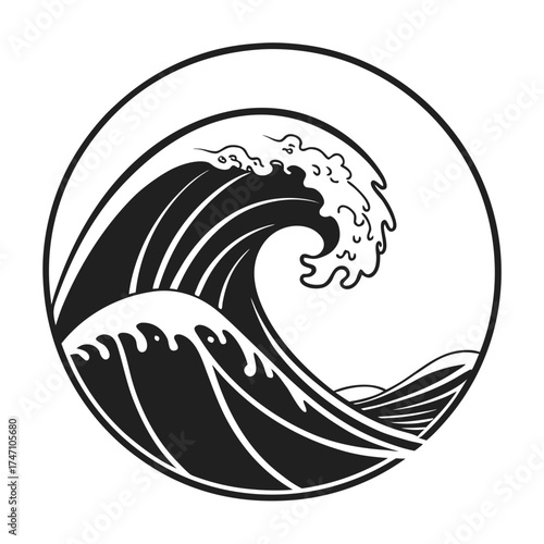 Black wave in circle minimalist logo ocean water