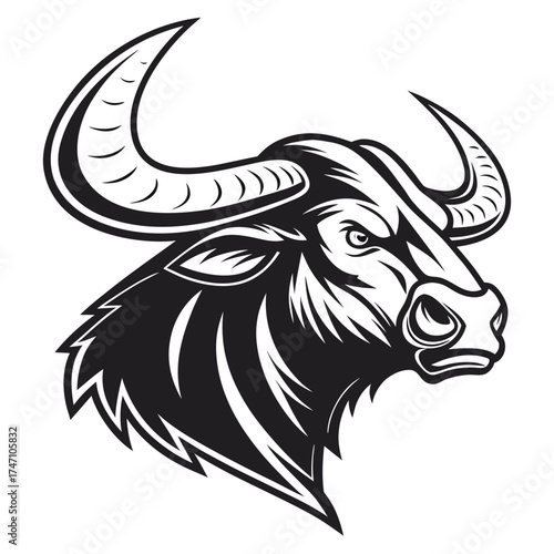 Bold black bull head with curved horns logo white