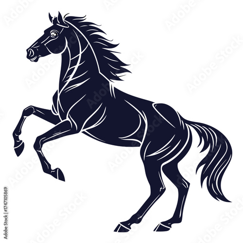 Dark blue horse rearing silhouette white background