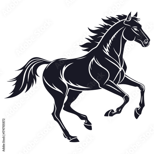 Dark horse running silhouette with flowing mane and tail