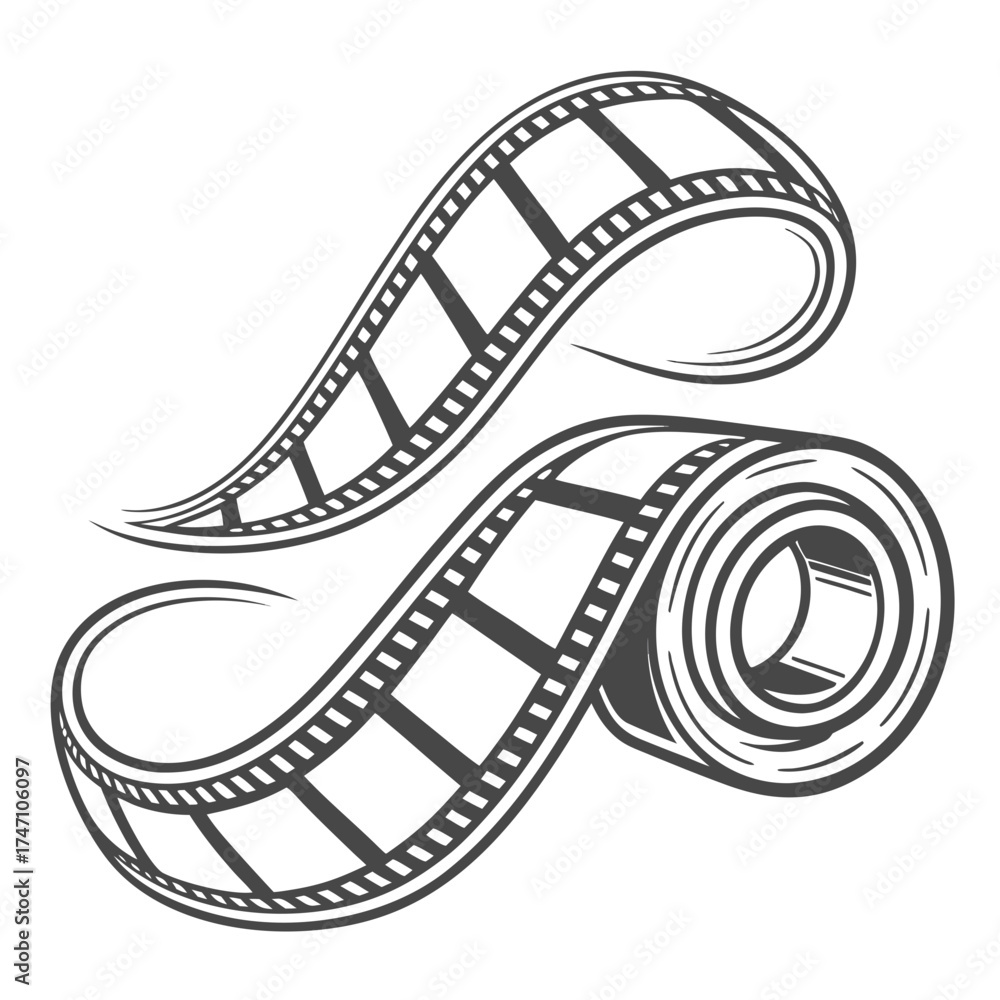 Fototapeta premium Black film reel and film strip on white background