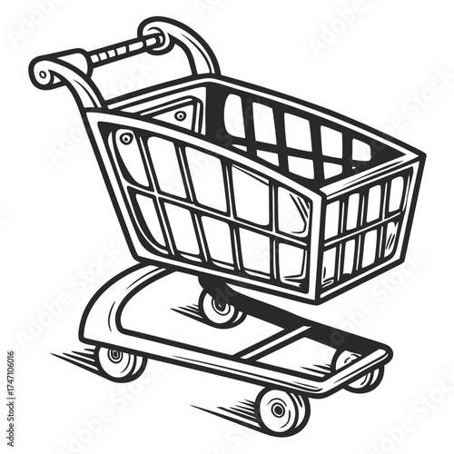 Black and white shopping cart line art illustration