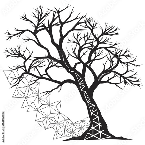 Black bare tree with geometric patterns on white branches