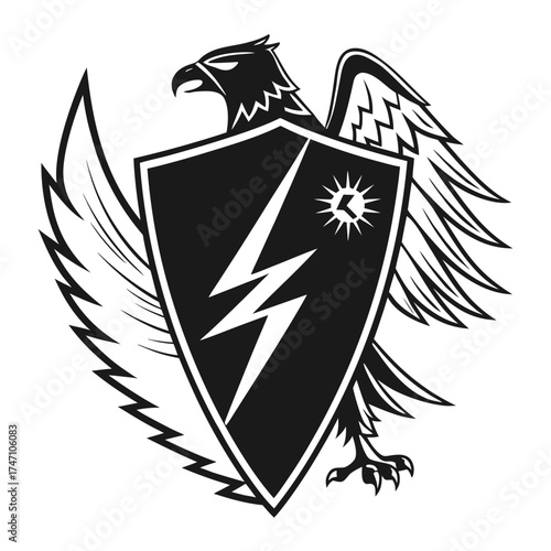 Black eagle shield with lightning bolt and sun symbol