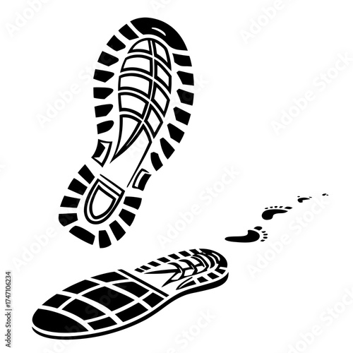 Black shoe print and footprints on white background