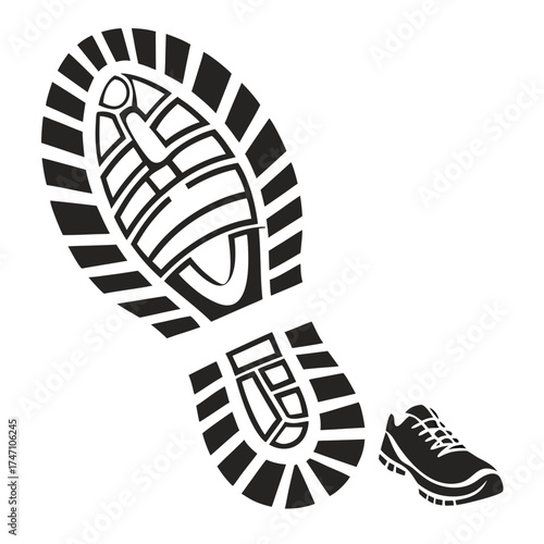 Black shoe print and sneaker silhouette white background