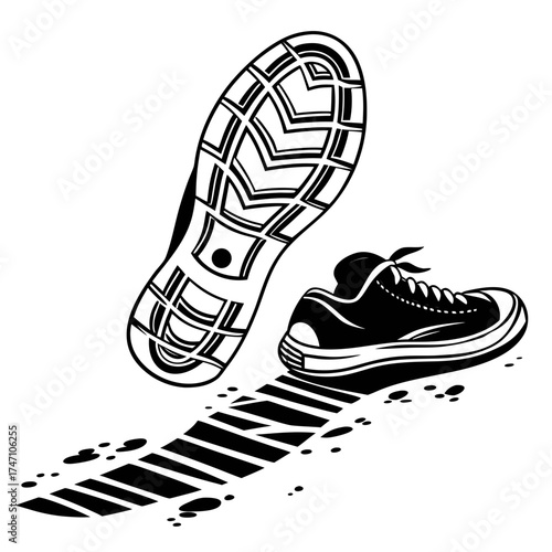 Black shoe sole and footprint graphic on white background