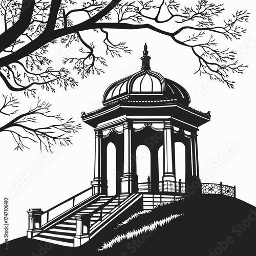 Black silhouette of ornate pavilion with stairs and tree branches
