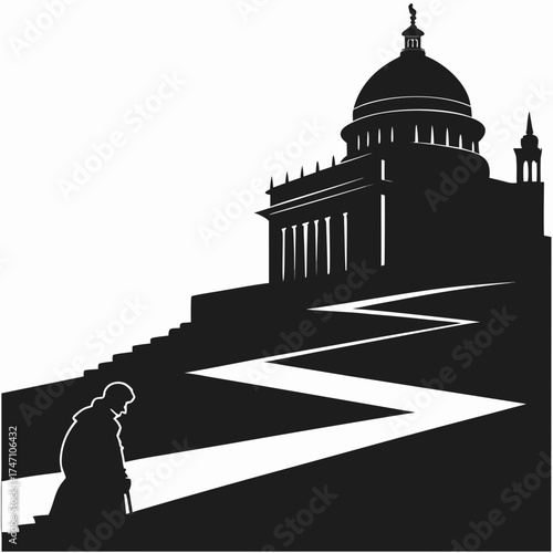 Black silhouette of person with cane walking up winding path to domed building