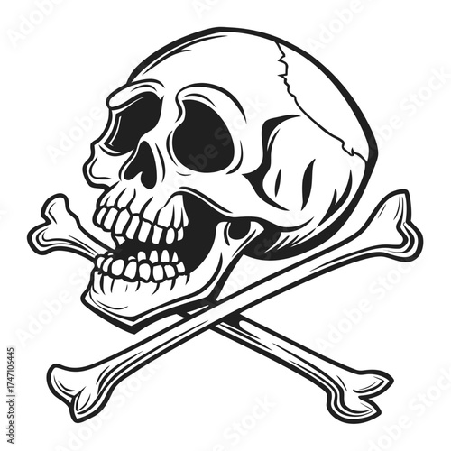 Black skull and crossbones graphic on white background 1
