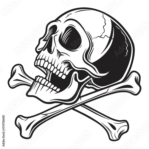Black skull and crossbones graphic on white background