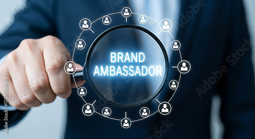 Businessman focuses on brand ambassador with magnifying glass for marketing strategy and social media influence to build brand awareness and loyalty