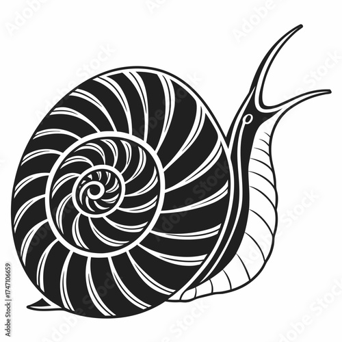 Black stylized snail shell with open mouth on white