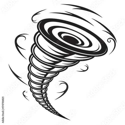 Black tornado spiral graphic with swirling wind elements