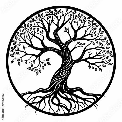 Black tree of life with roots and leaves in circle